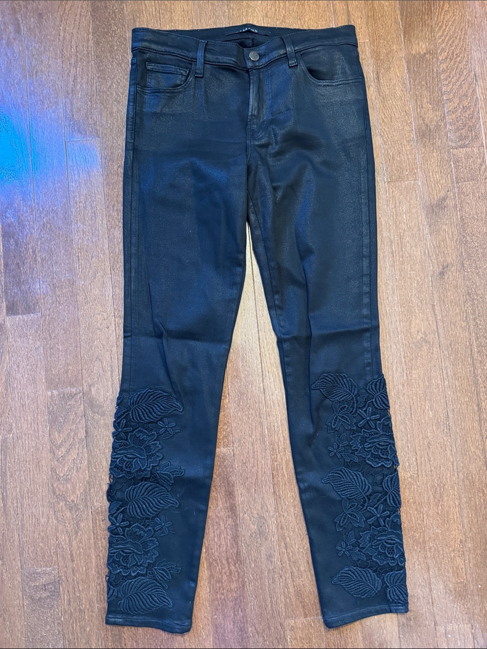 J BRAND Black Shine Skinny Jeans with Floral Embroidery